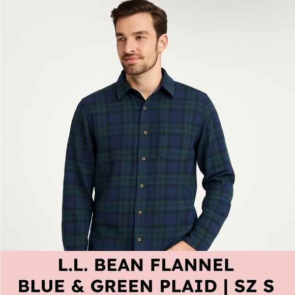 L.L.Bean Scotch Plaid Flannel Shirt Black Watch Tartan Navy Green Men’s M Reg - Picture 1 of 13